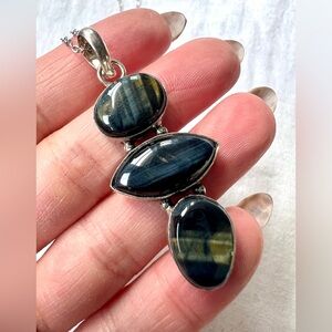 925 Blue Black + Brown Tigers Eye Pendant Necklace